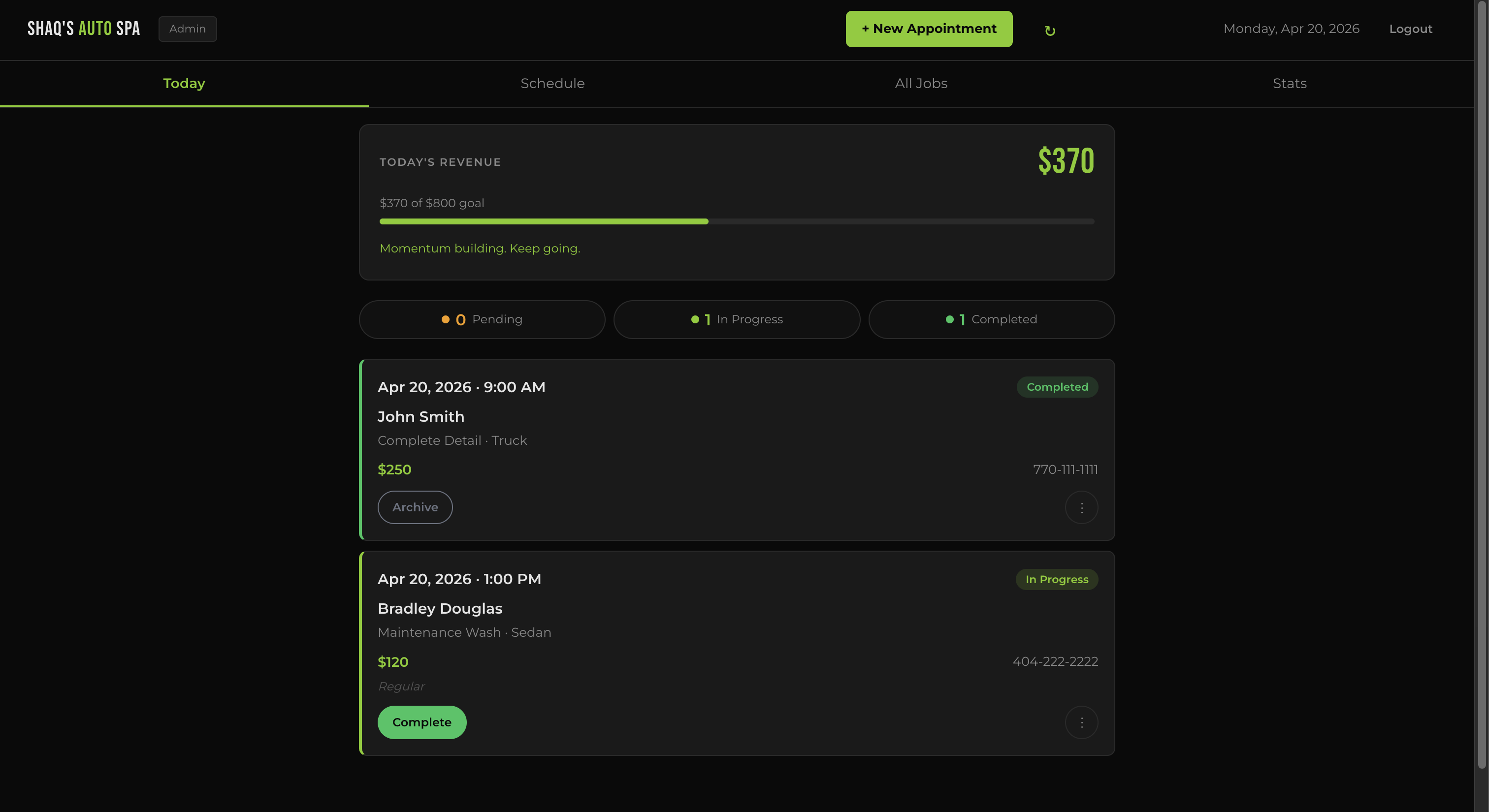 Admin dashboard — Today tab with revenue tracking