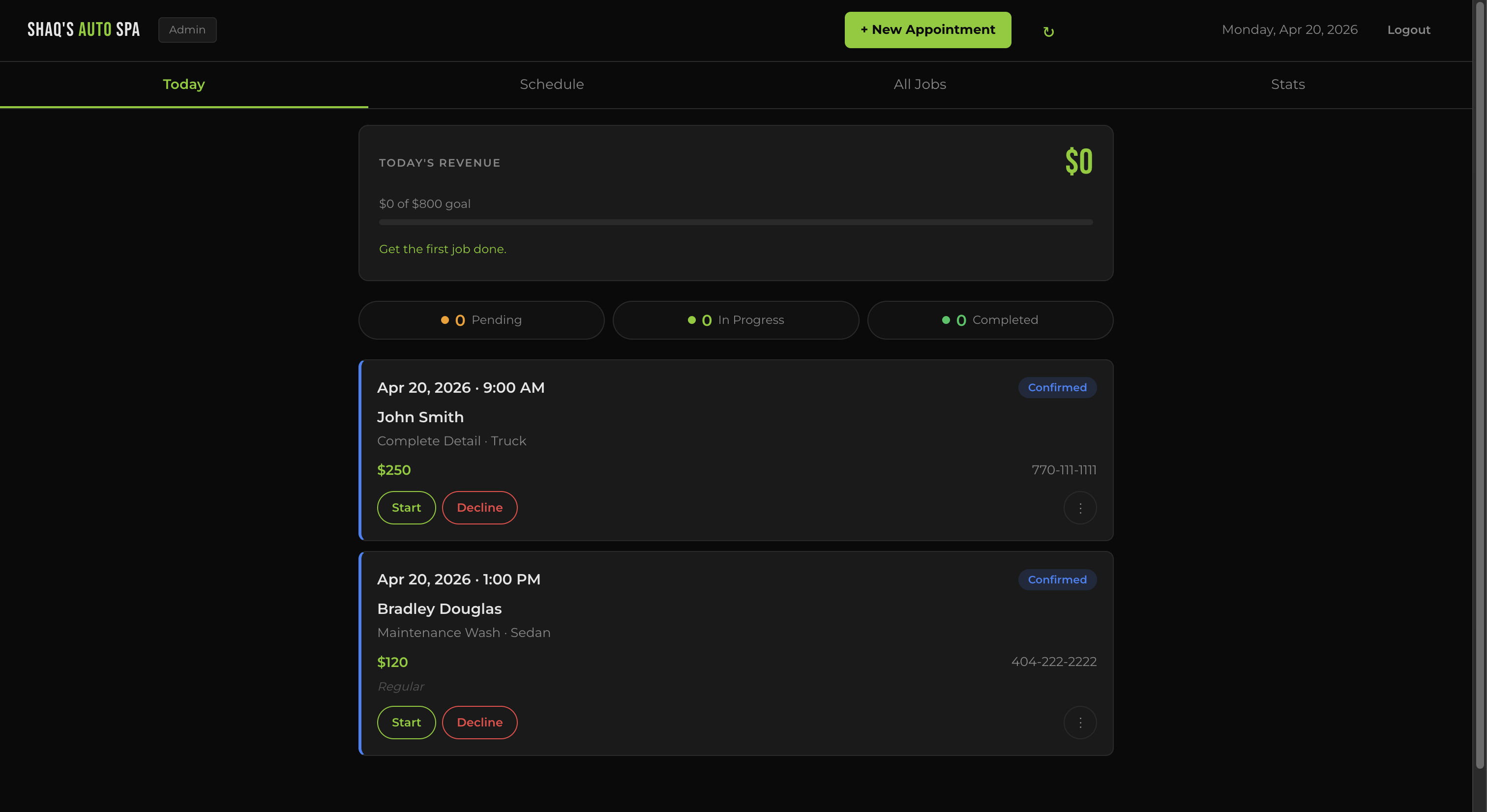 Admin dashboard — confirmed appointments