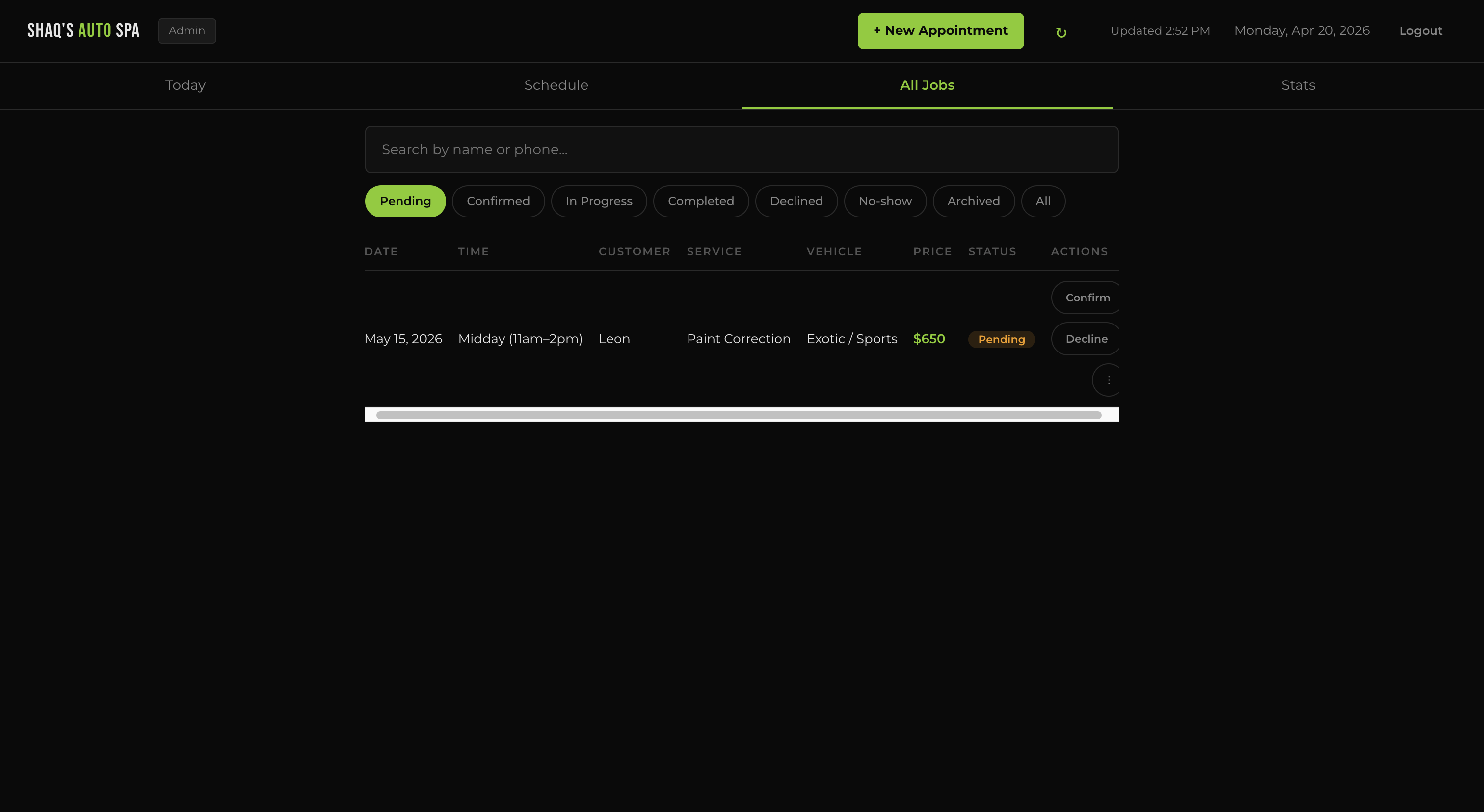 Admin dashboard — All Jobs tab