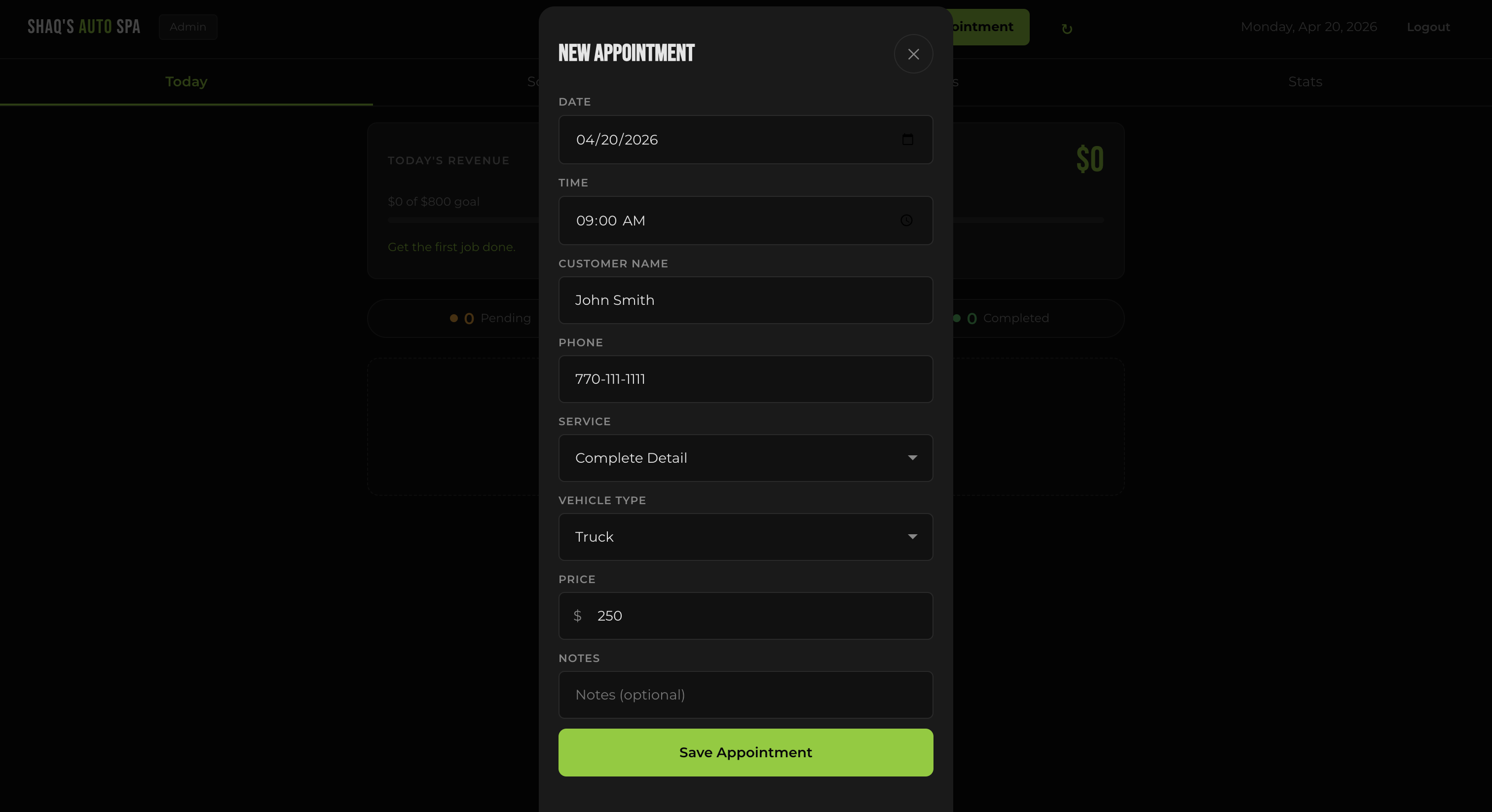 Admin dashboard — New Appointment modal